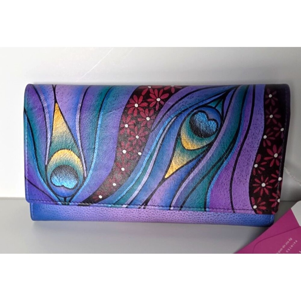 ANNA BY ANUSCHKA Hand Painted Signed Leather Trifold Wallet Peacock Feather Snap
